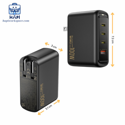 Củ sạc hàng chính hãng WiWU Warrior GaN 100W (3C1A) Wi-U022W: Sạc nhanh laptop, điện thoại, kèm đầu chuyển đa quốc gia
