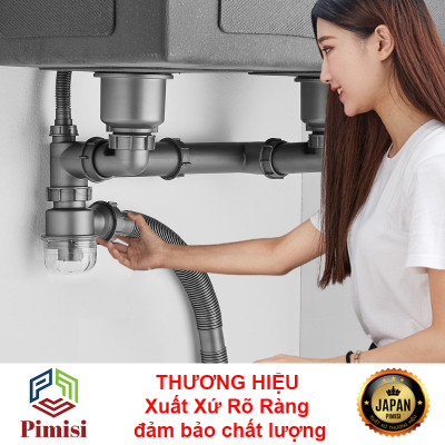 Bộ Xi Phông Xả Thải Bồn Rửa Chén 2 Hố Pimisi PXP-71-2 Cao Cấp - Loại Ống Thải Nhựa Cứng Không Đọng Nước - Cốc Inox 304 Phi 110mm (11cm), Lọc Rác, Bầu Chống Mùi Hôi Và Giảm Dầu Mỡ Ống Dẫn - Có Thoát Tràn | Hàng Chính Hãng
