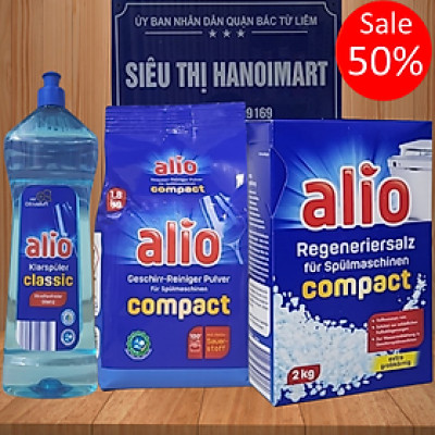 Bộ 3 sản phẩm bột alio 1,8 kg Muối rửa bát Alio 2 kg và nước làm bóng Alio 1000ml