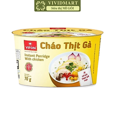 VIFON - Cháo tô Vifon hương vị Gà (có gói thịt thật), Cháo gà Vifon tô, Cháo gà tô Vifon ăn liền (70g/tô)
