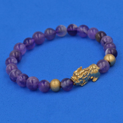 Vòng đeo tay Thạch Anh Tím Than 6 ly cẩn Tỳ Hưu inox vàng VTAITTHHBV6 - hợp mệnh Hỏa, mệnh Thổ