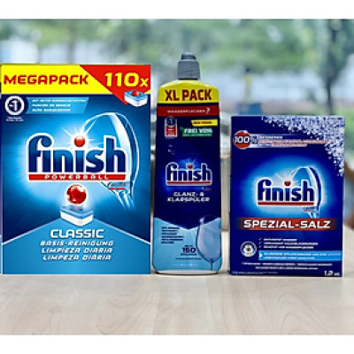 Bộ 3 viên rửa bát finish 110 viên + Nước làm bóng finish 750 ml+muối finish 1.2kg dùng cho máy rửa bát chén