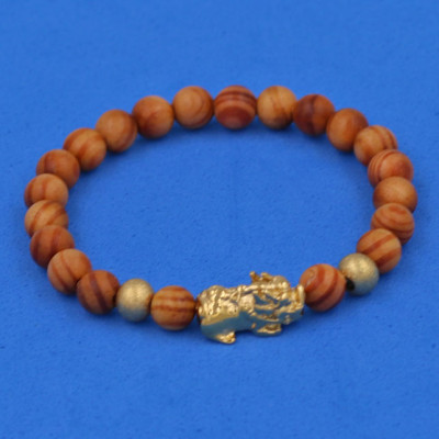 Chuỗi đeo tay gỗ Huyết Rồng 6 ly cẩn Tỳ Hưu inox vàng VGHRTHHBV6