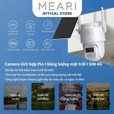 Camera MEARI V2 Dùng Sim 4G tích hợp pin năng lượng mặt trời, CÒI HÚ VÀ ĐÈN CẢNH BÁO, phát hiện chuyển động - Hàng chính hãng