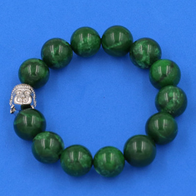 Vòng đeo tay Cẩm Thạch Đông Ninh 14 ly cẩn hạt Phật A Di Đà inox bạc VCTDNNLT14