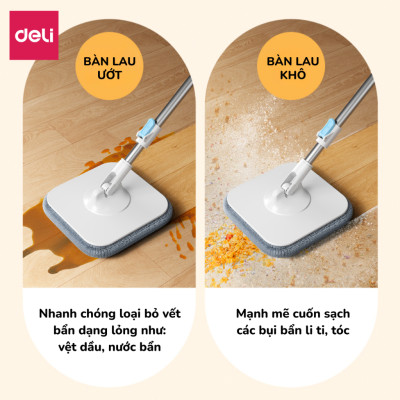 Bộ Cây Lau Nhà Tách Nước Bẩn Thông Minh Deli, Chổi Lau Nhà Xoay 360 độ 2 Ngăn Kèm Bông Lau