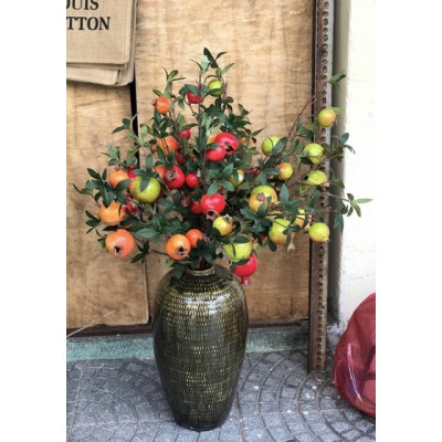 Cành lựu giả - 06 quả - Dài 80 cm - Màu cam, đỏ - Quả to từ 5 đến 7 cm - Cây giả, hoa lụa Decor trang trí nhà cửa