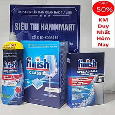 Combo: Viên rửa Finish Classic 100 viên + Muối Finish 1.2kg + Nước làm bóng Finish 400ml