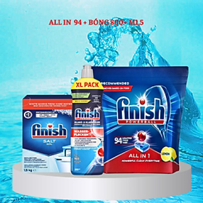 Combo viên rửa chén bát finish all in 1 hộp 90 viên + muối rửa ly finish 1,5kg + nước làm bóng finish 1150ml