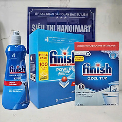 Combo rửa bát Finish: Hộp All in one 90 Viên, Nước làm Bóng chai 400ml, Muối Hộp 1,5kg - Nhập khẩu Châu Âu.