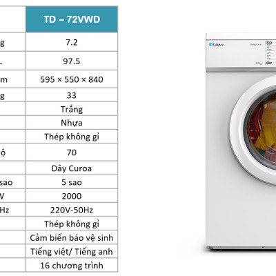 Máy sấy thông hơi Casper TD-72VWD 7.2kg - Hàng chính hãng (chỉ giao HCM)