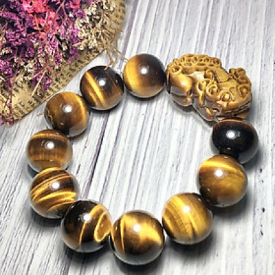 Vòng Thạch Anh Mắt Hổ vàng nâu 18mm mix tỳ hưu đá