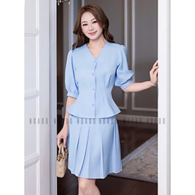 Set áo váy xanh biển tay lửng NGADO , set áo váy kiểu , set áo váy Nữ