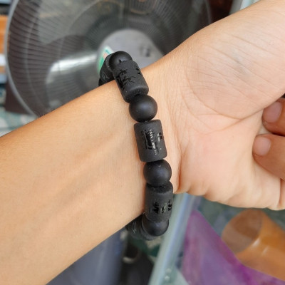 Vòng tay nam đá đen nhân tạo chạm rồng may mắn, hạt đá 12-14ly