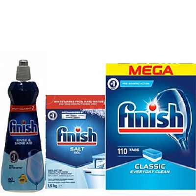 Combo 110 viên rửa bát finish + muối finish 1.5kg + Nước làm bóng finish 400ml dùng cho máy rửa bát