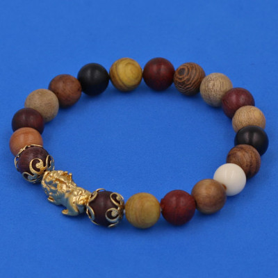 Chuỗi đeo tay Gỗ Đàn Hương 8 màu 8 ly - cẩn Tỳ Hưu Phong Thủy inox vàng VGDHMTHHKV8