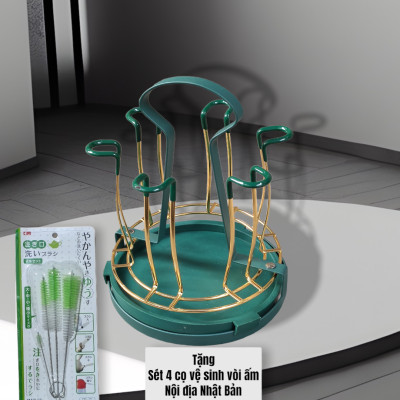 KHAY ÚP LY CỐC KIM LOẠI MÀU VÀNG - XANH CỔ VỊT CÓ ĐĨA HỨNG NƯỚC CAO CẤP - ( TẶNG SÉT 04 CỌ VỆ SINH VÒI ẤM NỘI ĐỊA NHẬT BẢN ) 