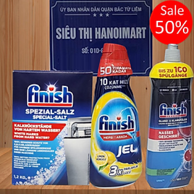 Combo Gel rửa bát Finish 1500ml dạng lỏng  + Muối 2kg dùng cho máy rửa chén bát + Tặng viên Finish