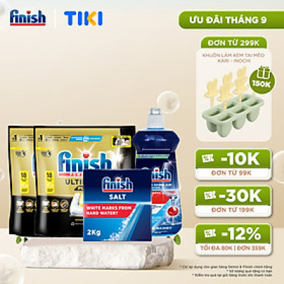 Combo 2 Viên rửa chén Finish Ultimate 18 viên + Nước làm bóng Finish 500ml + Muối rửa chén Finish 2kg