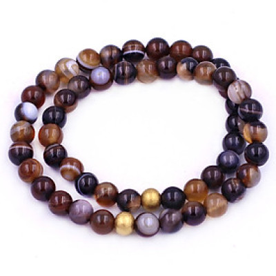 [Mệnh Kim, Thổ[ Vòng Chuỗi Đôi 6 Ly Mã Não Nâu Sọc Charm Bi Inox VMNNSHBD