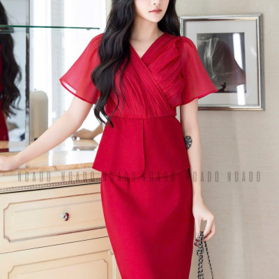 Set áo váy đỏ cổ tim NGADO , Set đồ nữ , Set áo váy thiết kế