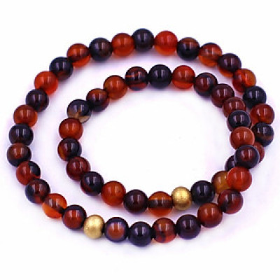 [Mệnh Kim, Thổ] Vòng Chuỗi Đôi 6 Ly Đá Thạch Anh Nâu Charm Bi Inox VTANHBD