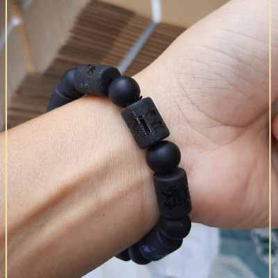Vòng tay nam đá đen nhân tạo chạm rồng may mắn, hạt đá 12-14ly