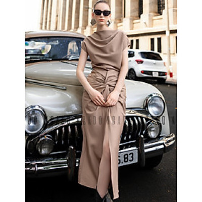 Set áo váy nâu cổ thuyền NGADO, Set áo kèm chân váy xẻ tà dáng dài , Set dạo phố dự tiệc sang chảnh