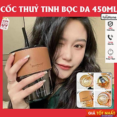 Cốc Ly Thuỷ Tinh/ Inox Bọc Da GORGOUS Có Nắp Đậy Và Ống Hút Bọc Da Chống Nóng Sang Chảnh Dày Đẹp