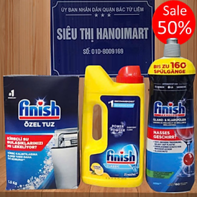 Combo rửa bát Finish: Nước Làm bóng chai 1150ml, Muối hộp 4kg, Bột Classic can 2,5kg - Chính Hãng.