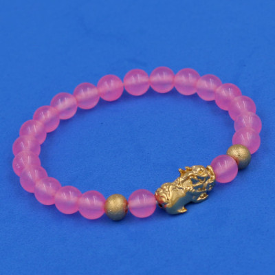 Vòng đeo tay Thạch Anh Hồng Phấn 6 ly cẩn Tỳ Hưu inox vàng VTAHPTHHBV6 HỘP NHUNG - hợp mệnh Hỏa, mệnh Thổ