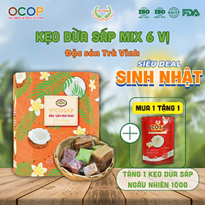 Kẹo dừa sáp VICOSAP mix 6 vị nguyên chất lá dứa cacao kẹo mềm dẻo ít đường đặc sản Trà Vinh