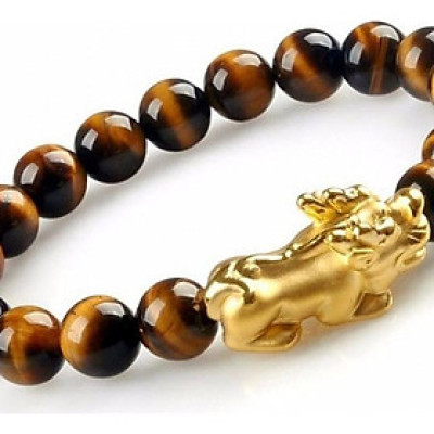 Vòng Tay Opal Mắt Hổ Tự Nhiên Charm Tỳ Hưu Bạc Mạ Vàng 9MM