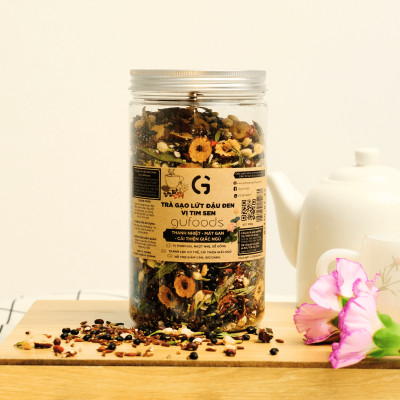 Trà gạo lứt đậu đen vị Tim sen GUfoods (hũ 500g) - Thư giãn tinh thần, Thanh nhiệt, Mát gan, Cải thiện giấc ngủ, Thanh lọc cơ thể