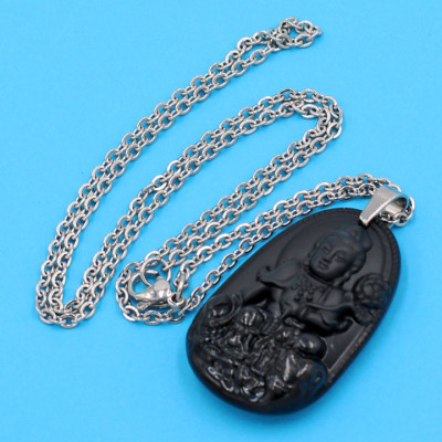 Vòng cổ Phổ Hiền Bồ Tát - thạch anh đen 3.6cm DITTEB2 - dây inox bạc - kèm hộp nhung - tuổi Thìn, Tỵ