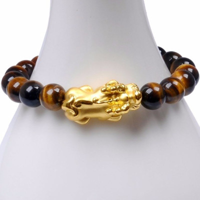 Vòng Tay Opal Mắt Hổ Tự Nhiên Charm Tỳ Hưu Bạc Mạ Vàng 9MM