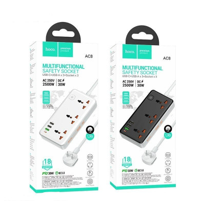 Ổ cắm điện đa năng sạc nhanh PD 30W cổng typeC + QC18W có 3 cổng USB và 1 cổng Type-C có 3 lỗ cắm tải 2500W dây dài 1.5m - Hàng nhập khẩu