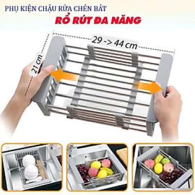 Rổ Rút Inox Đa Năng Gác Chậu Rửa Chén, Rửa Hoa Quả - 2 màu xám và đen ngẫu nhiên