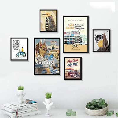 (HCM)Bộ 6 tấm tranh treo tường sài gòn 6 trang trí quán kèm đinh chuyên dụng dễ treo