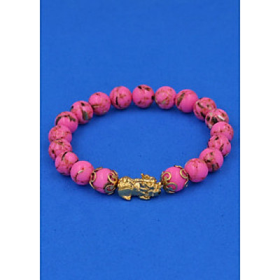 Chuỗi đeo tay San Hô Hồng Sen Sọc 8 ly - cẩn Tỳ Hưu Phong Thủy inox vàng VSHHPSTHHKV8