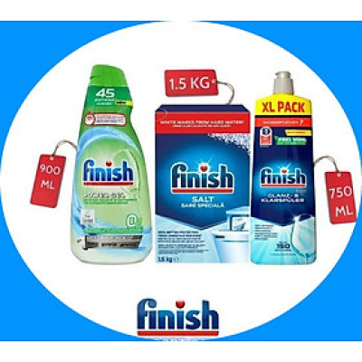Combo nước rửa bát finish 900ml + Nước làm bóng finish 750ml + muối làm mềm nước 1.5kg Chính Hãng.