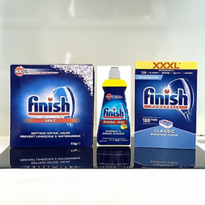 Combo Viên rửa bát Finish Classic 100 viên + Muối Finish 4.0kg + Nước làm bóng Finish 400ml