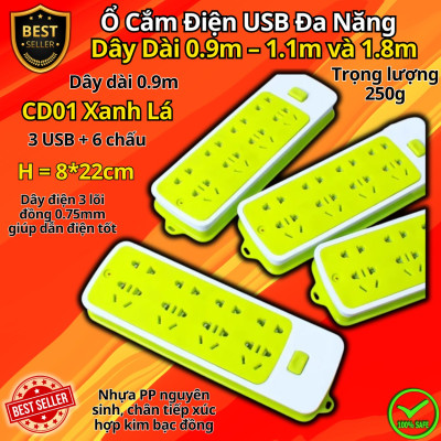 Ổ Cắm Điện USB Thông Minh Cao Cấp Chống Giật Dây Dài 0.9m – 1.1m và 1.8m, Ổ Cắm Điện Công Suất 2500W Có Chốt An Toàn D Danido, Nhựa Nguyên Sinh, Bền Bỉ