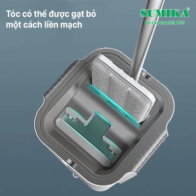 Bộ cây lau nhà SUMIKA C39, thùng lau nhà 2 ngăn tự vắt thông minh, chổi lau sàn nhà 360 độ, 2 bông lau, 1 móc treo cây lau sàn