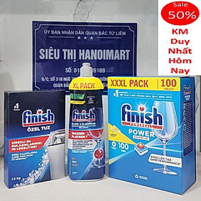 combo viên rửa bát finish 100 viên+nước làm bóng finish 750ml+muối rửa bát finish 1,5kg dùng cho máy rửa bát