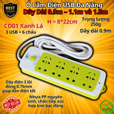 Ổ Cắm Điện USB Đa Năng Cao Cấp Chống Giật Dây Dài 0.9m – 1.1m và 1.8m, Ổ Cắm Điện Công Suất 2500W Có Chốt An Toàn, Nhiều Lựa Chọn, Nhựa Nguyên Sinh