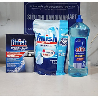 Bô bột rửa bát chén Finish 2,2 kg + muois Finish 1,2kg + bóng Alio 100 ml chuyên dụng cho máy rửa chén bát