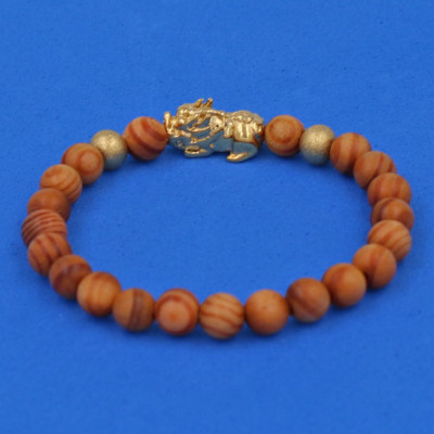 Chuỗi đeo tay gỗ Huyết Rồng 6 ly cẩn Tỳ Hưu inox vàng VGHRTHHBV6