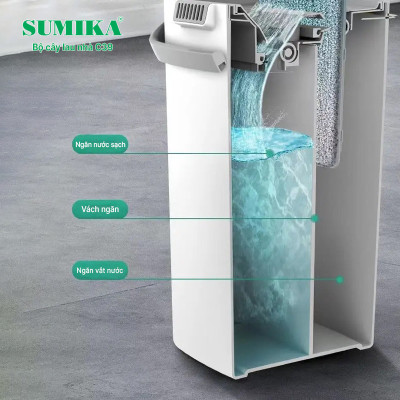 Bộ cây lau nhà SUMIKA C39, thùng lau nhà 2 ngăn tự vắt thông minh, chổi lau sàn nhà 360 độ, 2 bông lau, 1 móc treo cây lau sàn