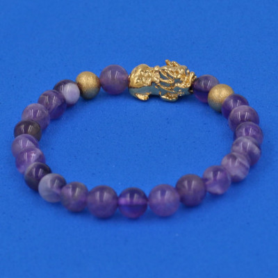 Vòng đeo tay Thạch Anh Tím Than 6 ly cẩn Tỳ Hưu inox vàng VTAITTHHBV6 - hợp mệnh Hỏa, mệnh Thổ